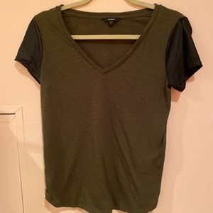Guess green t-shirt with leather-like sleeves